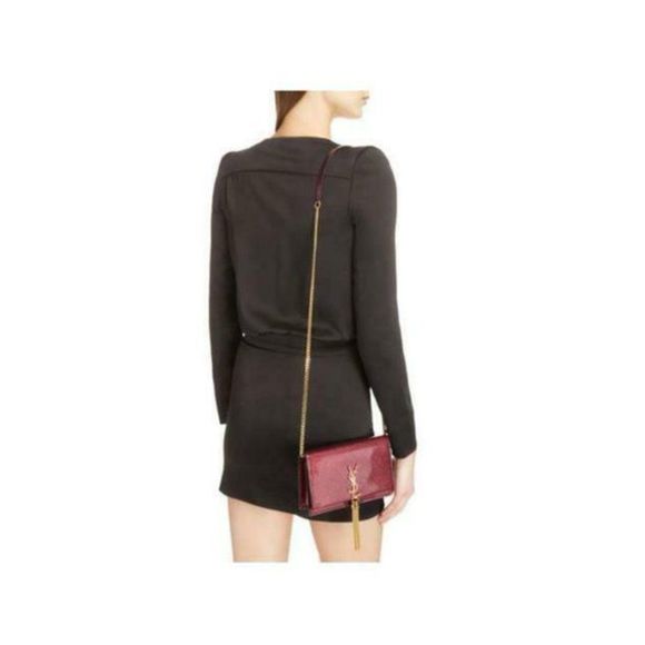 Saint Laurent Monogram Kate Chain Wallet Glitter Tassel Red Patent Leather Shoul - Picture 3 of 12